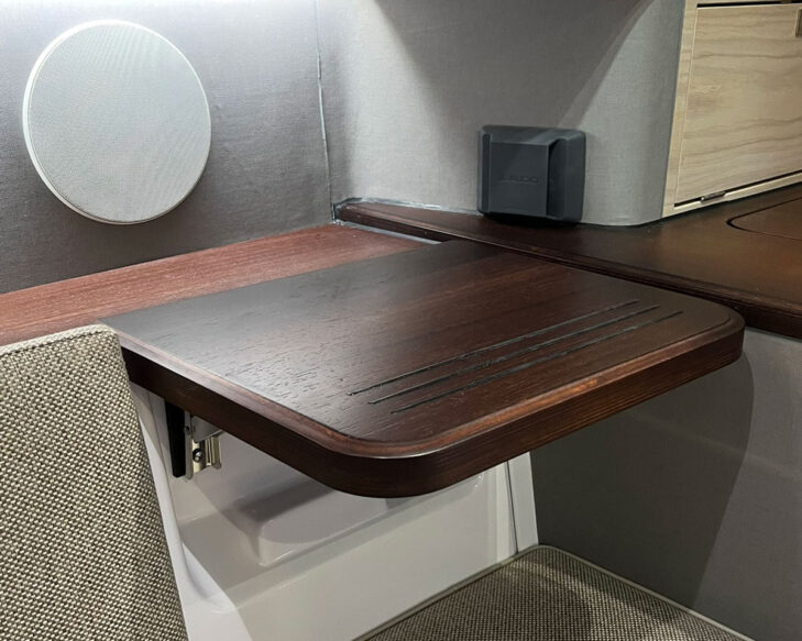 Robust M on folding table in a boat cabin